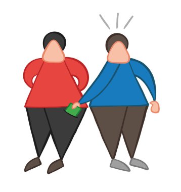 Vektör çizim karikatür hırsız adam diğer adam cebinden para çalmak.