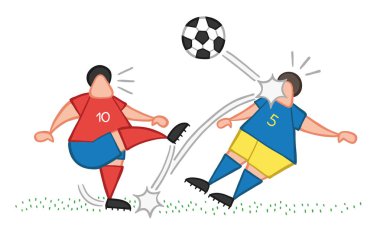 Topu tekmeleme ve diğer oyuncunun yüzüne isabet vektör çizim karikatür futbol oyuncu adam.