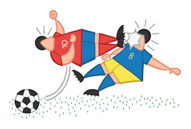 Diğer futbol oyuncunun yüzüne tekme uçan vektör illüstrasyon karikatür saldırgan futbol oyuncu adam.