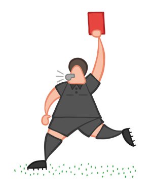 Çalışan ve kırmızı kart gösteren vektör çizim karikatür hakem adam.