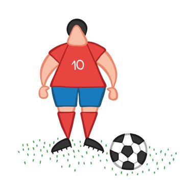 Vektör çizim karikatür futbol oyuncu adam futbol topuyla ayakta.