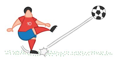Vektör çizim karikatür futbol oyuncu adam sahada topu çekim.