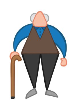 Vektör çizim karikatür yaşlı adam ahşap baston ile ayakta.