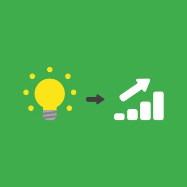 Düz vektör simge kavramı parlak sarı ampul kadar yeşil arka plan üzerinde hareketli satış çubuk grafiği ok.