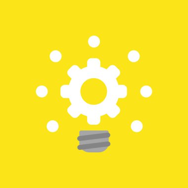 Düz vektör simgesi sarı arka plan üzerinde parlayan dişli ampul kavramı.