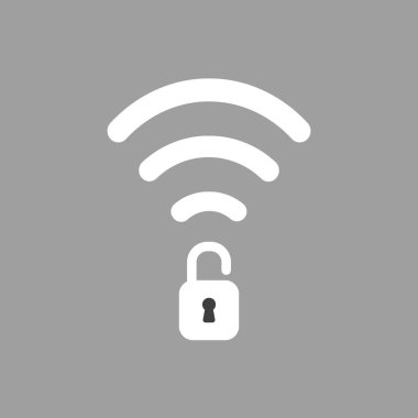 Düz vektör simgesi gri arka plan üzerine açık asma kilit simgesiyle kablosuz wifi kavramı.