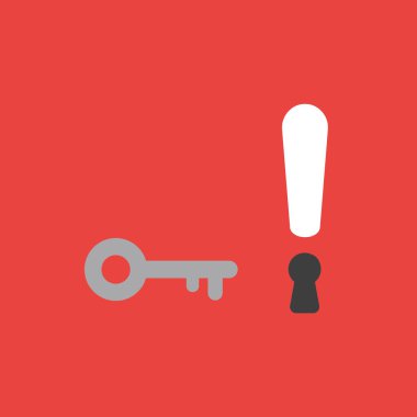 Düz vektör simge kavramı anahtar ve ünlem işareti kırmızı zemin üzerine anahtar deliği ile.