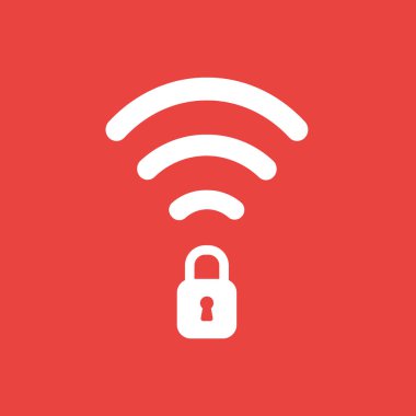 Düz vektör simge kavramı kırmızı zemin üzerine kapalı asma kilit simgesiyle kablosuz wifi.
