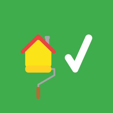 Düz vektör simge ev boyama boya rulo fırça ve yeşil renkli onay işareti kavramı.
