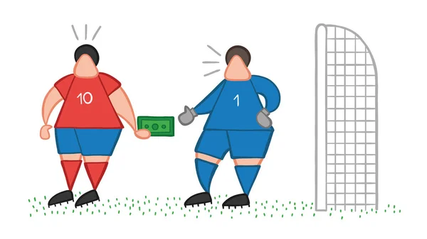 Vektor Illustration Cartoon Fußballer Mann Gibt Bestechungsgeld Und Torwart Nimmt — Stockvektor