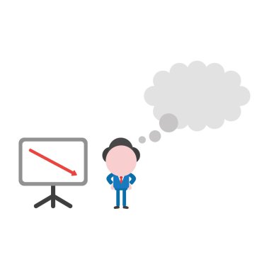 Vektör çizim işadamı karakter boş düşünce balonu ve satış grafiği ok aşağı hareket ile.