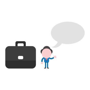 Vektör çizim işadamı karakter boş konuşma balonu ve evrak çantası.