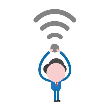 Çalışan ve kablosuz wifi sembolü taşıyan vektör çizim işadamı karakter.