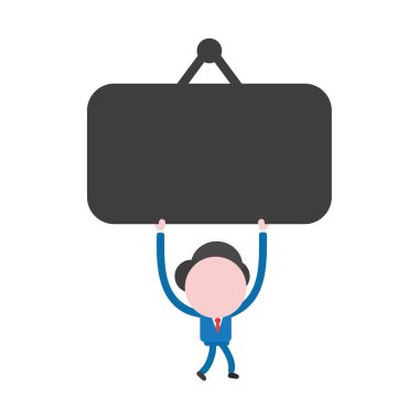 Yürüyüş ve işareti asılı boş siyah tutan vektör çizim işadamı karakter.