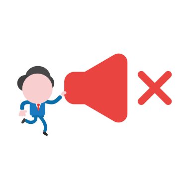 Çalışan ve sesi kapatma simgesi taşıyan vektör çizim işadamı karakter.