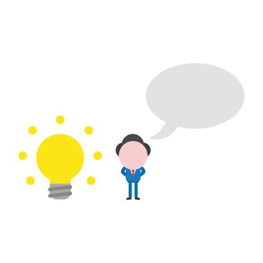 Vektör çizim işadamı karakter parlayan ampul ve boş konuşma balonu.