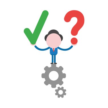 Vektör çizim işadamı karakter ayakta dişliler ve holding onay işareti ve soru işareti.