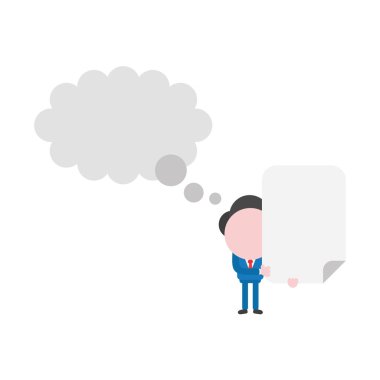 Vektör çizim işadamı karakter boş düşünce balonu ve holding boş kağıt ile.