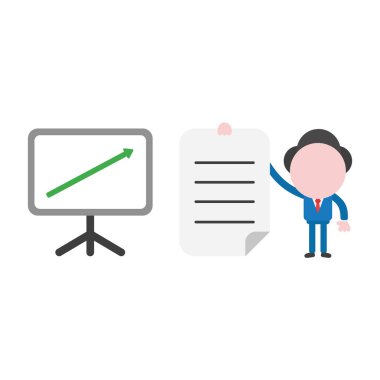 Vektör çizim işadamı karakter kadar hareketli ve yazılı kağıt holding satış grafiği ok ile.