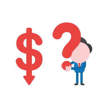 Vektör çizim işadamı karakter aşağıya taşınması ve soru işareti tutarak doları ok ile.