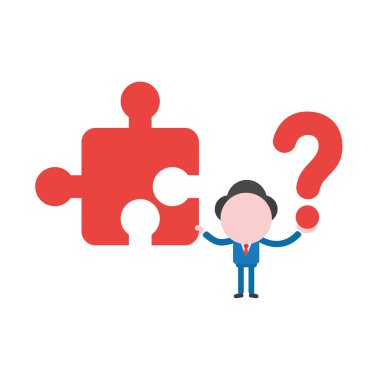 Vektör çizim işadamı karakter holding yokluğunu jigsaw bulmaca parçası ve soru işareti.