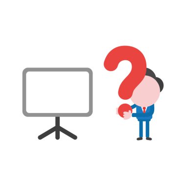 Vektör çizim işadamı karakter boş sunu grafik ve holding soru işareti ile.