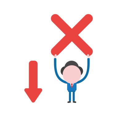 Vektör çizim işadamı karakter hareket ok ve yukarı tutarak x işareti ile.