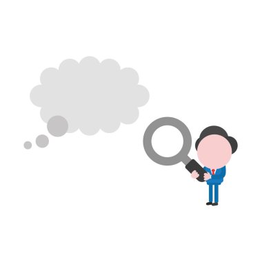 Vektör çizim işadamı karakter holding Büyüteç Camı boş düşünce balonu için.