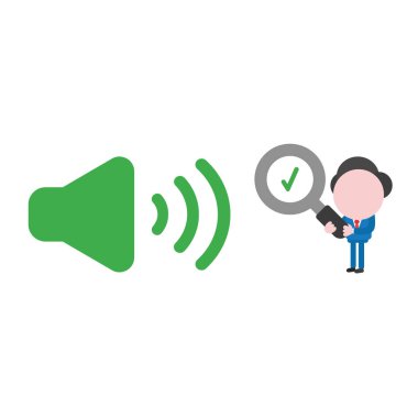 Vektör çizim işadamı karakter holding büyüteç ile ses için onay işareti simgesini.