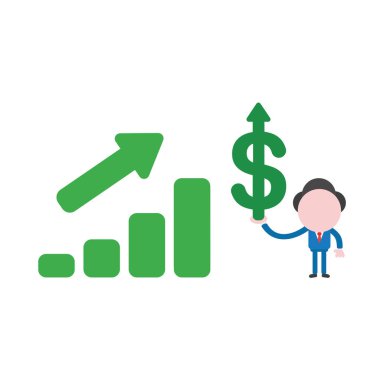 Vektör çizim işadamı karakter kadar hareketli ve yukarı hareket doları ok holding satış listeleri ile.