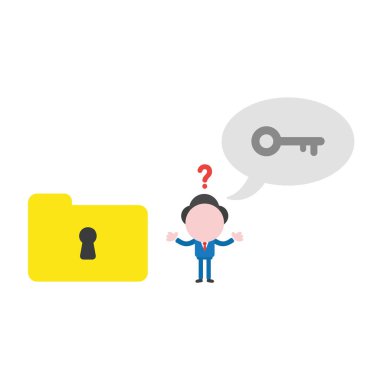 Vektör çizim dosya klasör anahtar deliği kilidini açmak için konuşma balonu anahtarla söyleyerek işadamı karakter karıştı.