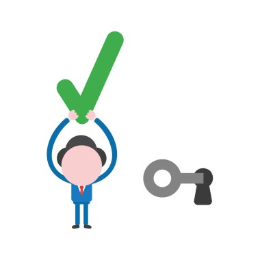 Vektör çizim işadamı karakter kilidini ile anahtar ve onay işareti kadar tutan anahtar deliği.