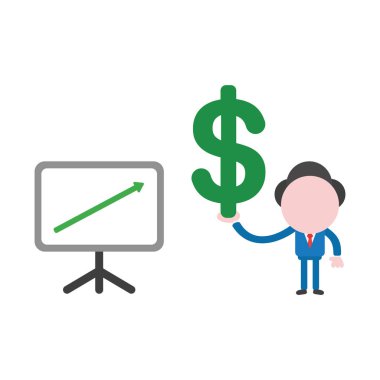 Vektör çizim işadamı karakter kadar hareketli ve doları sembolü holding satış grafiği ok ile.