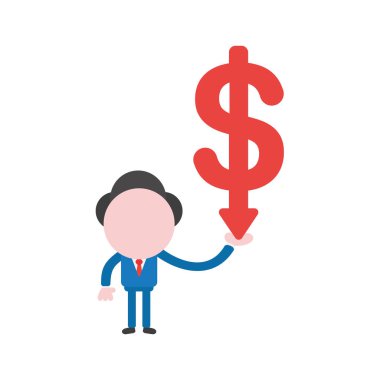 Vektör çizim işadamı karakter doları ok aşağı hareket holding.