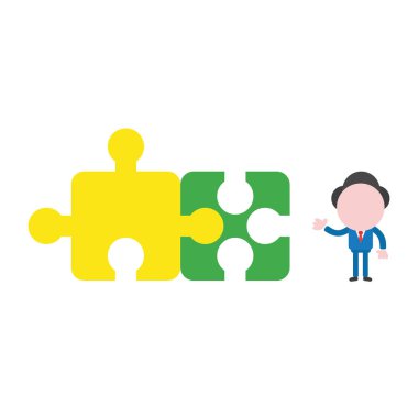 Vektör çizim işadamı karakter iki bağlı jigsaw puzzle parçaları ile.