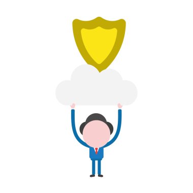 Vektör çizim işadamı karakter bulut koruma kalkanı ile gidiyor.