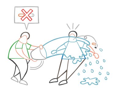 Vektör çizim karikatür adam karakter su kova ile sigara içen atmak ve hiçbir duman Sigara demek.