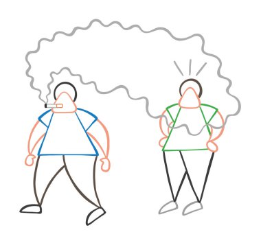 Vektör çizim karikatür insan karakter yürüme ve diğer adam duman sigara ile rahatsız mı.