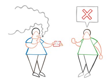 Vektör çizim karikatür adam sigara ve sigara diğer adama sunan karakter ve hayır demez.