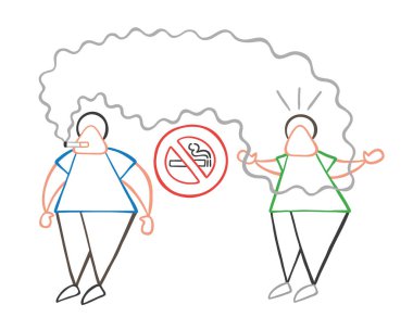 Vektör çizim karikatür adam karakter duman Sigara nerede sigara içmek yasaktır ve diğer adam kızgın.