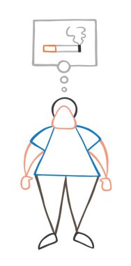 Vektör çizim karikatür adam karakter ayakta ve düşünme ile Sigara İçilmeyen bubble düşünce.