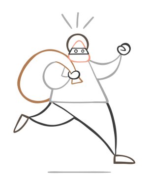 Çalışan ve çuval taşıma vektör çizim karikatür hırsız adam yüzü maskeli.