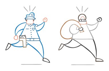 Polisten çalıştıran ve çuval taşıma vektör çizim karikatür hırsız adam yüzü maskeli.