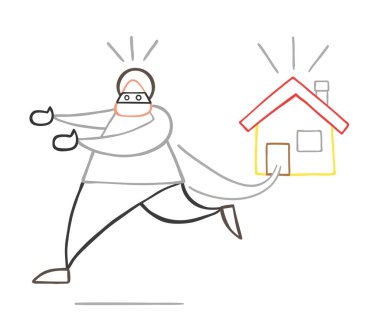 Vektör çizim karikatür hırsız adam evden çalışan maskeli yüz.