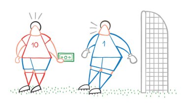 Vektör çizim karikatür futbol oyuncu adam kaleci için rüşvet teklif.
