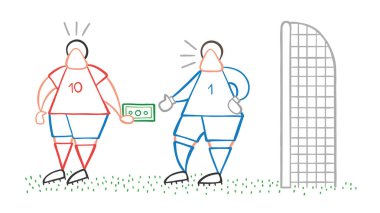 Vektör çizim karikatür futbol oyuncu adam rüşvet ve para alarak kaleci.