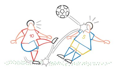 Topu tekmeleme ve diğer oyuncunun yüzüne isabet vektör çizim karikatür futbol oyuncu adam.