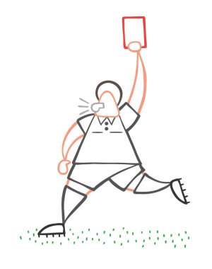 Çalışan ve kırmızı kart gösteren vektör çizim karikatür hakem adam.