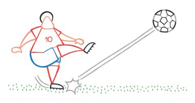 Vektör çizim karikatür futbol oyuncu adam sahada topu çekim.