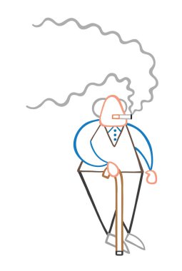 İllüstrasyon karikatür yaşlı adam ahşap baston ve Sigara İçilmeyen ile ayakta vektör.